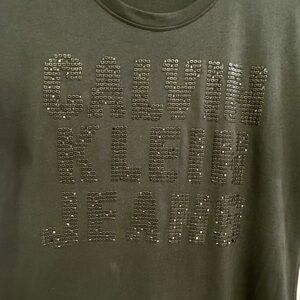 Calvin Klein Black Rhinestone Studs Bling Short Sleeve TShirt Wmns Lg Scoop Neck